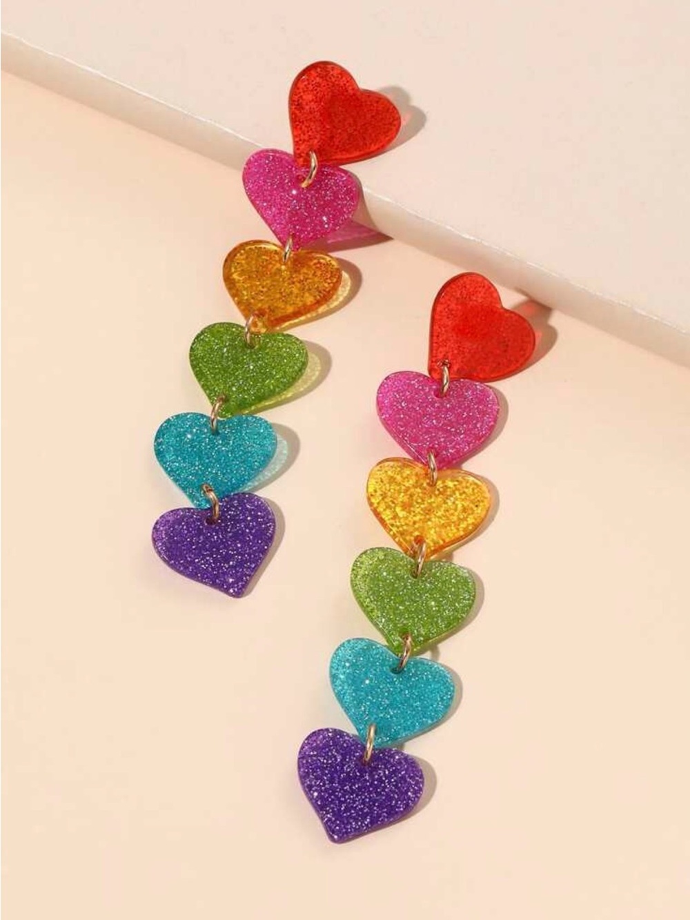 Colorful Rainbow Heart Dangle Earrings - Multicolor Glitter